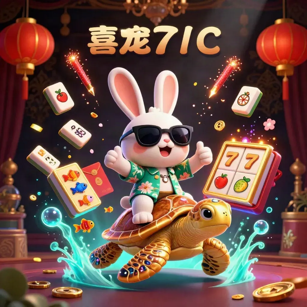 Cartoon rabbit rides a jeweled sea turtle amid casino symbols, lanterns, coins and teal-purple glow