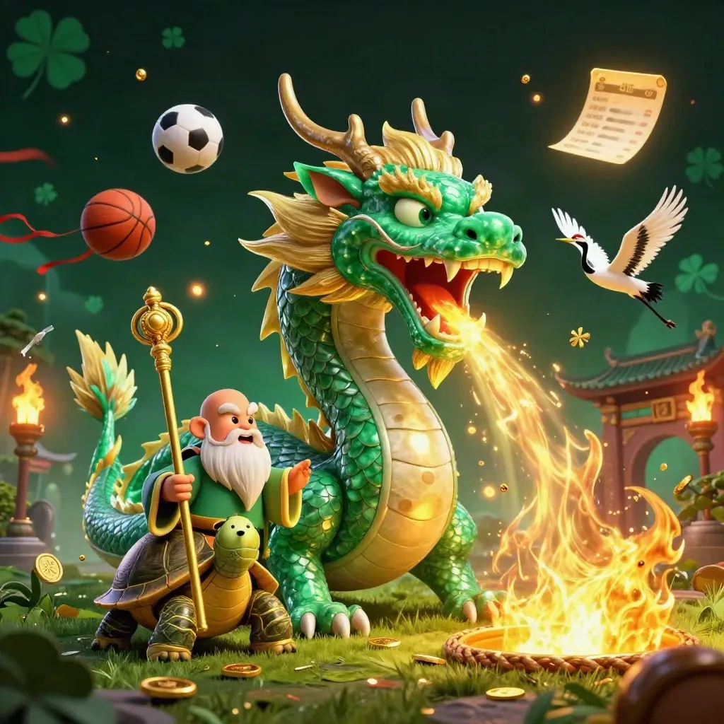 Jade dragon and turtle sage amid flying soccer and basketball, gold fire, temple gate, casino glow