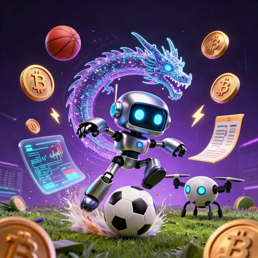 Low-angle cyberpunk robot, hologram dragon and drone surging around a frozen soccer ball blast.