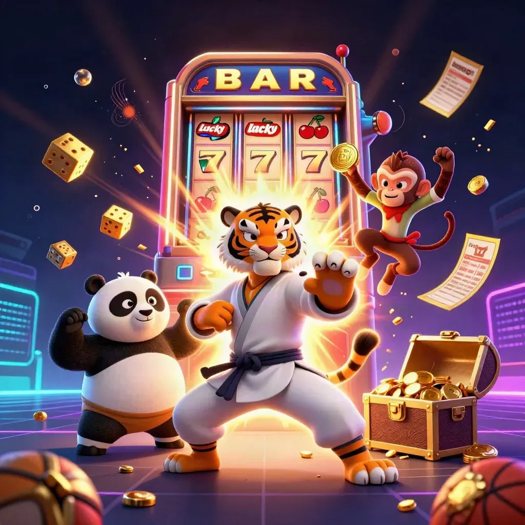 Kung-fu tiger, panda, monkey, slot burst, sports balls, gold, neon casino action.