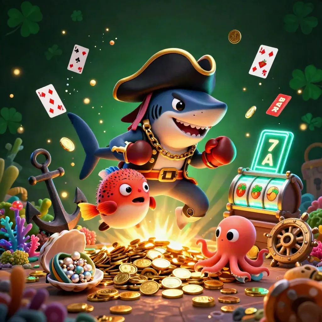 Pirate shark, boxing pufferfish, and coin-juggling octopus in a glowing underwater treasure cove.