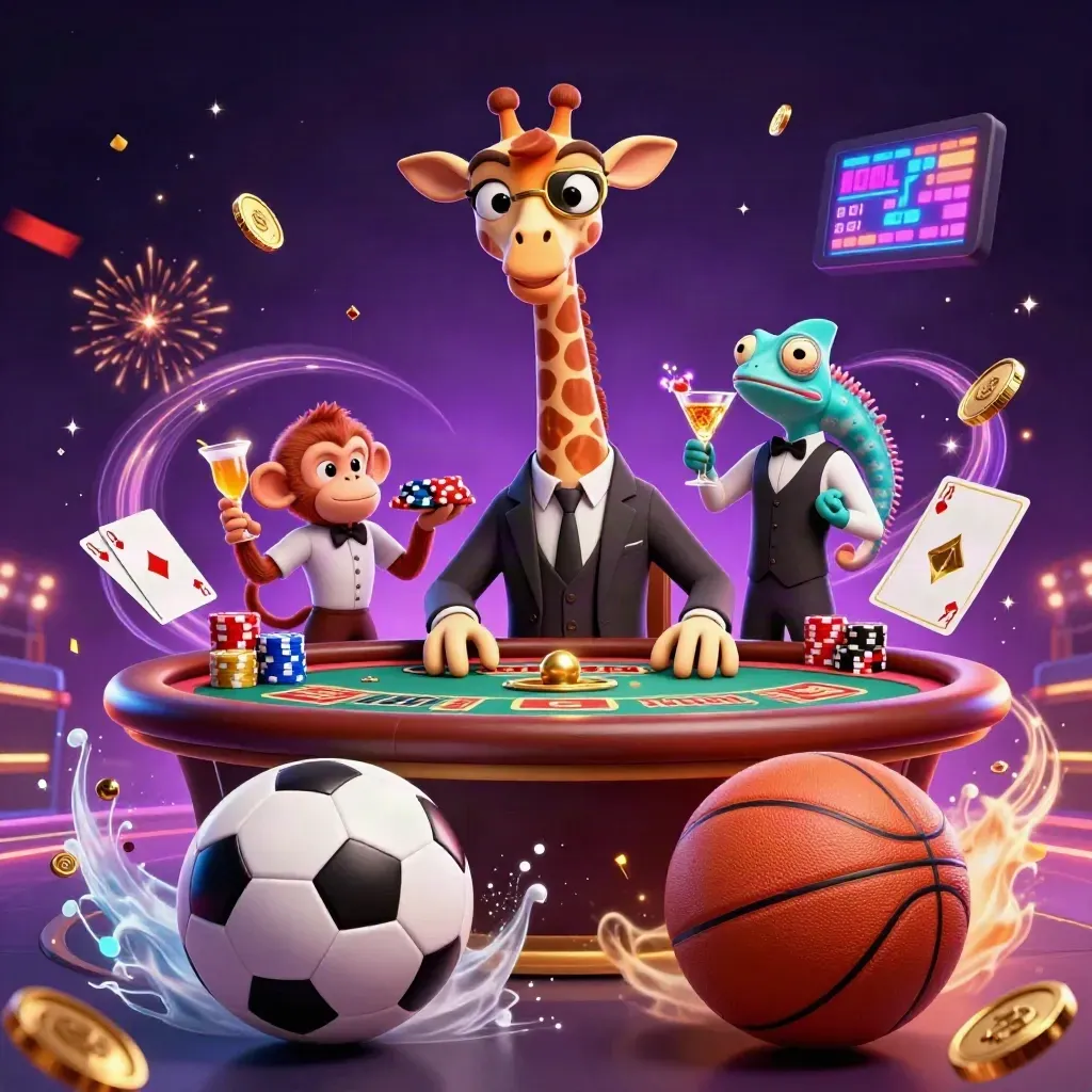 Giraffe, monkey, and chameleon in a luxe casino burst with sports balls, chips, coins, and glowing lights.