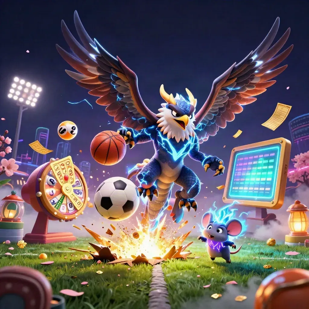 Thunder dragon, wind hawk, and static mouse burst amid soccer, basketball, and neon casino tokens.