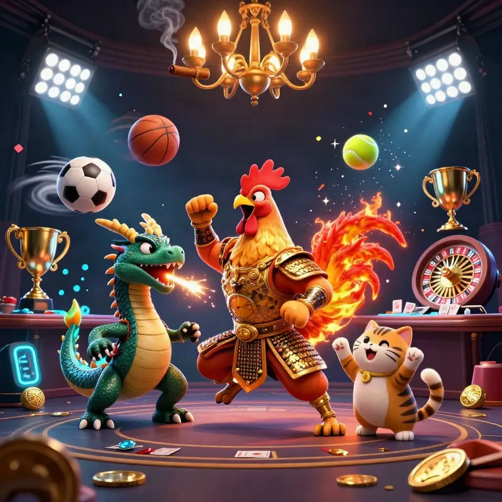 Rooster warrior, dragon hatchling, and fortune-cat amid casino lights, coins, balls, and fireworks.