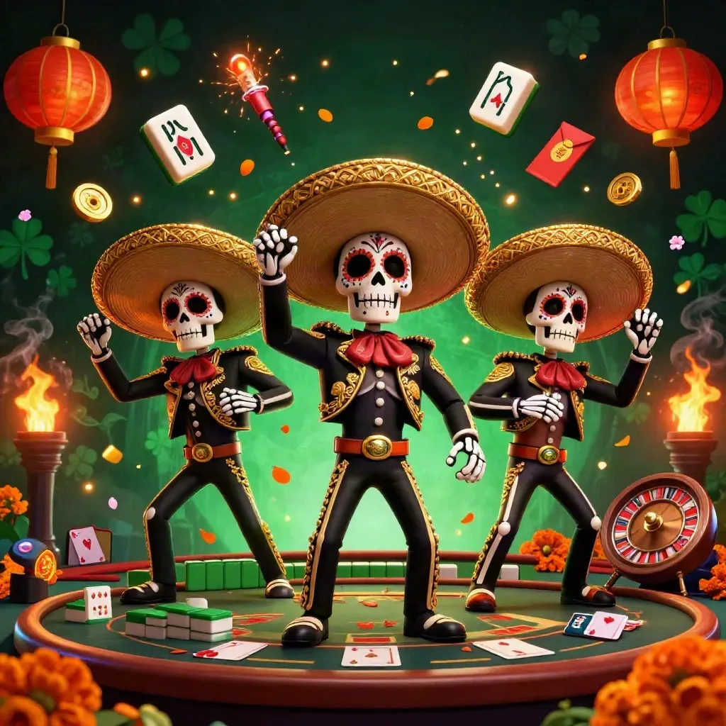 Skeleton mariachi trio amid casino lights, coins, lanterns, and fireworks in a luxe emerald glow.