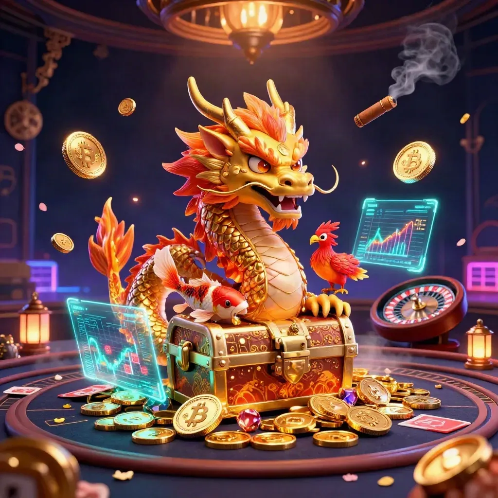 Golden dragon, phoenix and koi in a neon casino vault with coins and glowing tech