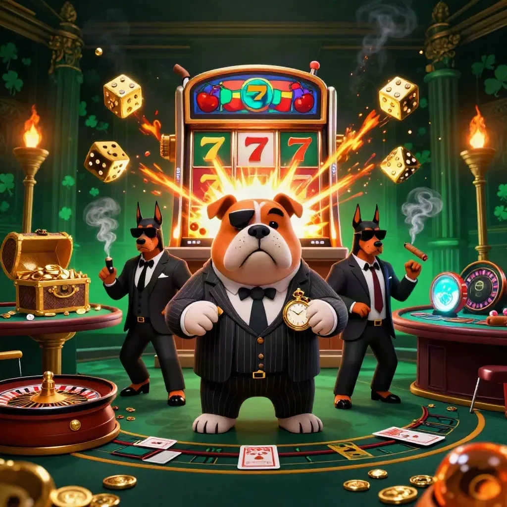 Bulldog boss and Dobermans amid jackpot burst, gold, smoke, and casino glow.