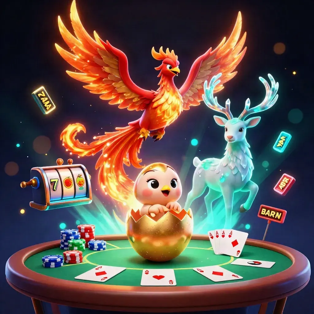 Phoenix, hatching egg, and crystal-antler stag amid casino chips and glowing cards