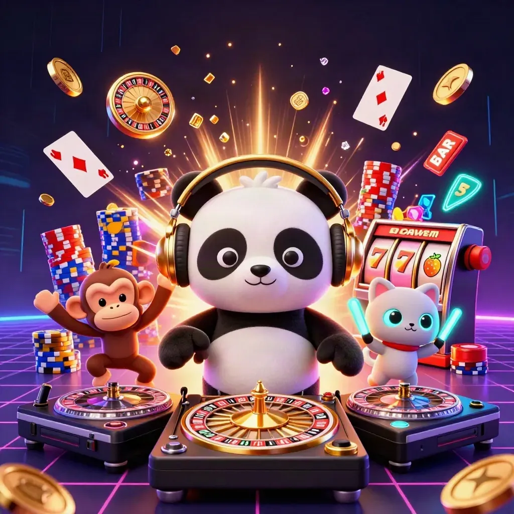 DJ panda, breakdancing monkey, and glow-stick kitten amid casino coins and neon energy