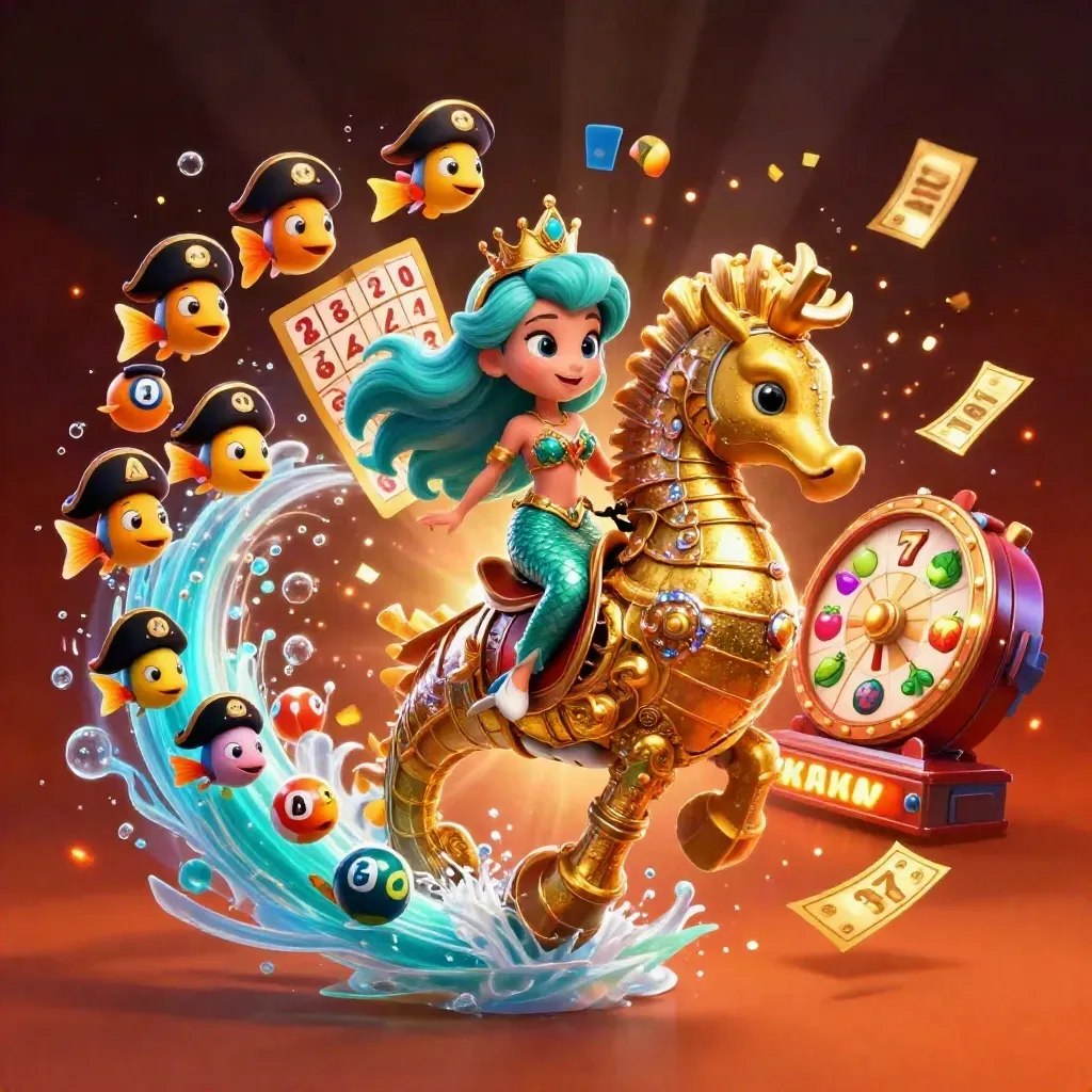 Mermaid princess rides an armored seahorse amid casino bursts, bubbles, gold, and teal glow.
