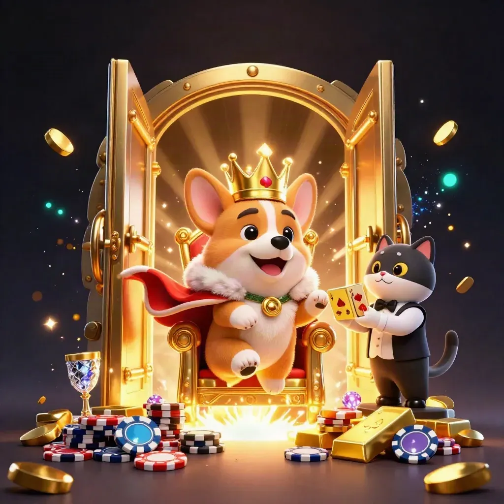 Royal corgi and cat butler burst from a gold vault amid treasure and teal glow.
