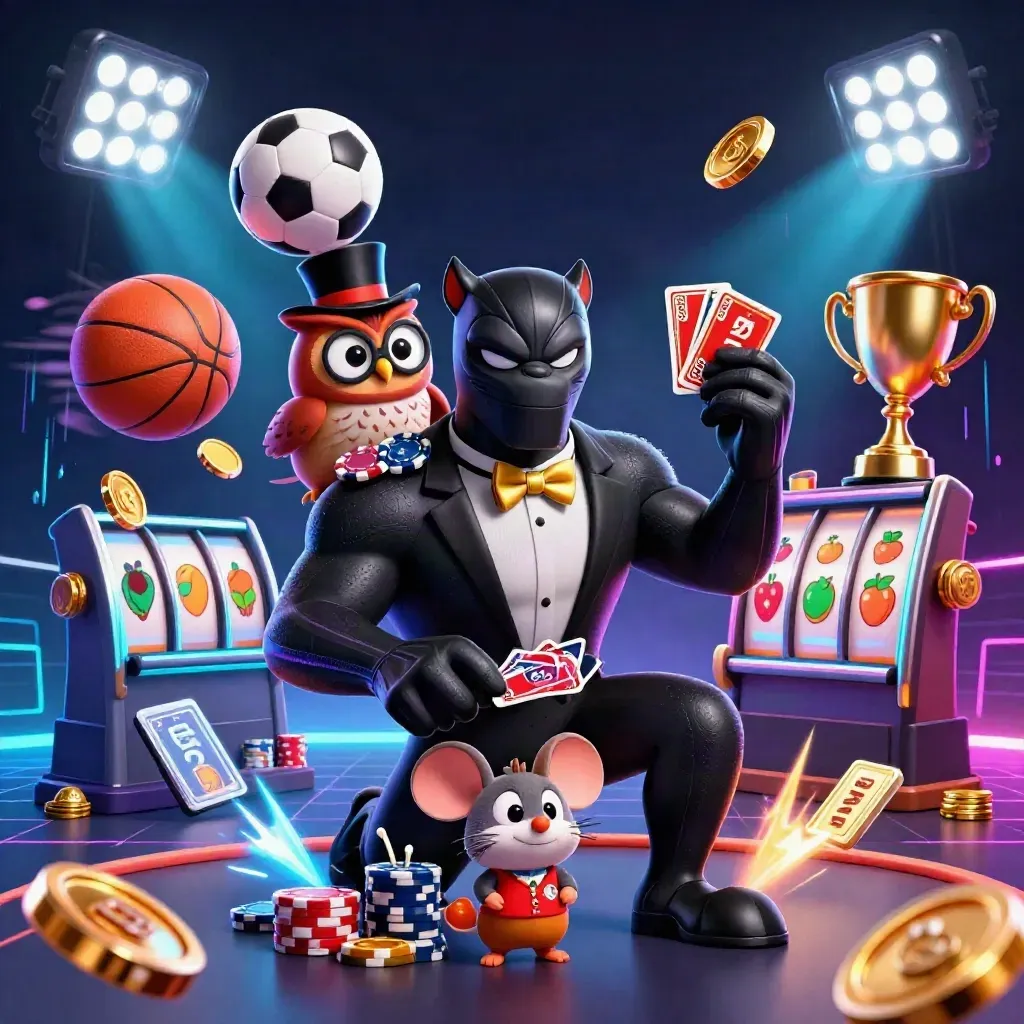 Panther dealer, owl gambler, and mouse amid flying balls, coins, chips, and neon casino glow