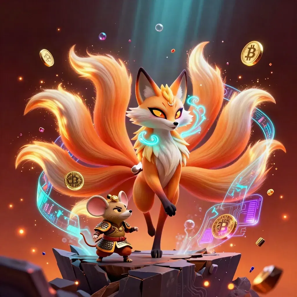 Nine-tailed fox spirit and armored mouse amid neon casino coins, lightning, and glowing orbs
