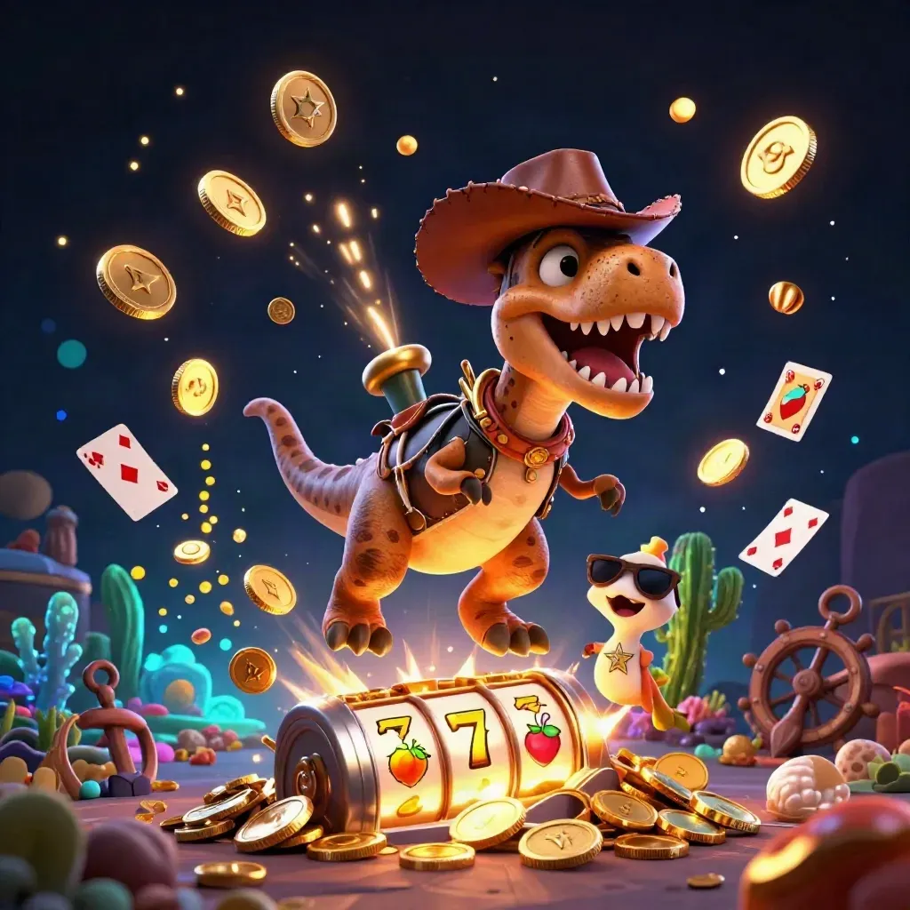 Cowboy T-Rex trio amid coins, coral, and casino treasure in a glowing dark splash scene