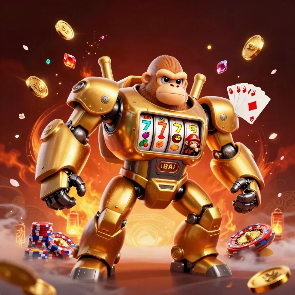 Golden gorilla mech with tiny monkey pilot, coins, chips, roulette wheel, and casino glow.