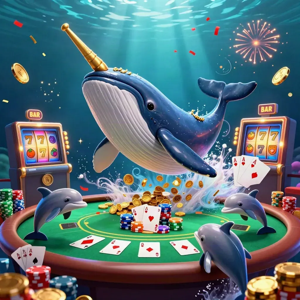 Whale captain, narwhal and dolphins burst through coins with casino chips and slot reels.