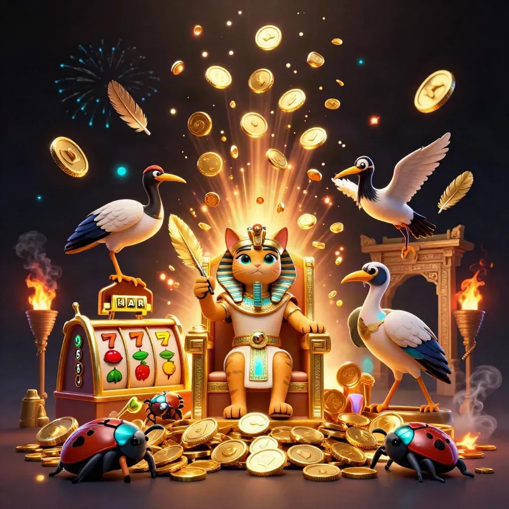 Pharaoh cat on a golden throne with an ibis scribe, scarab beetles, coins, reels, and casino glow