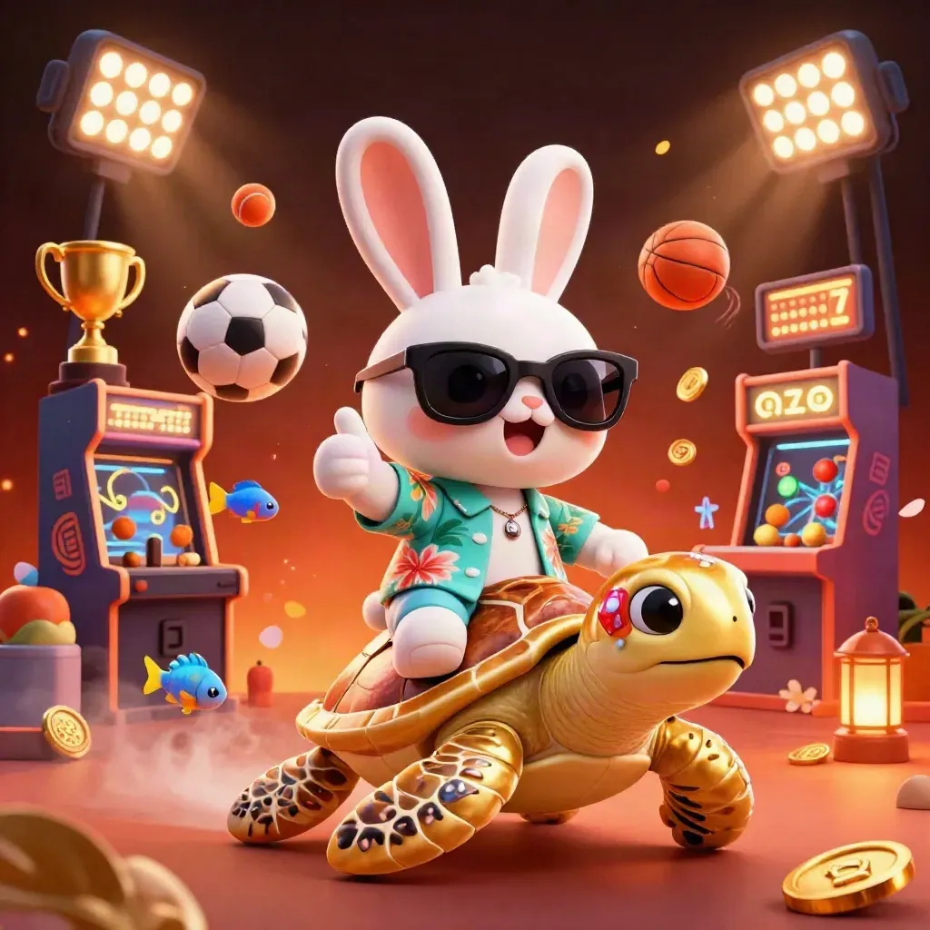 Lucky rabbit rides a gem-backed turtle amid casino sports balls, coins, and glowing effects.