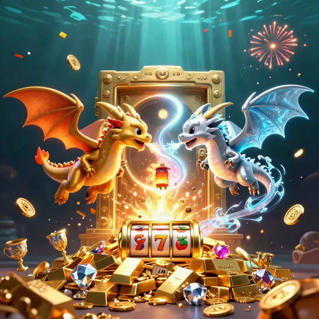 Twin gold and silver dragons burst from a vault amid coins, gems, fireworks, and casino reels.