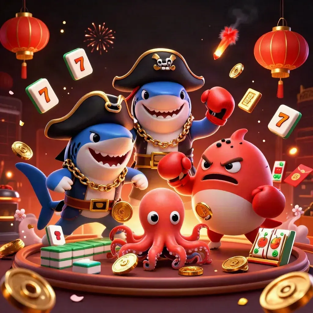 Pirate shark, boxing pufferfish, and juggling octopus amid casino loot, teal sparks, and neon glow.