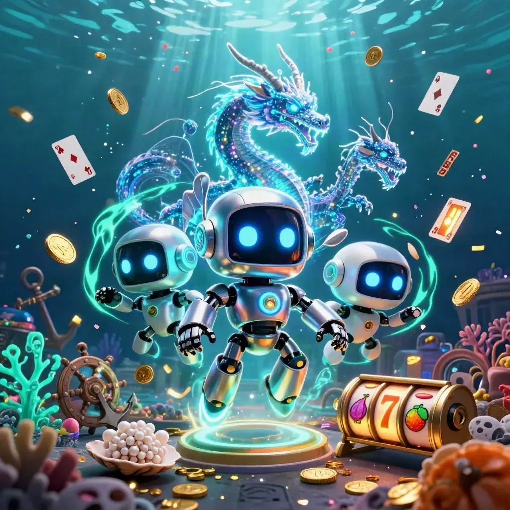 Robot, holographic dragon, and coin drone in a neon underwater casino treasure cove.