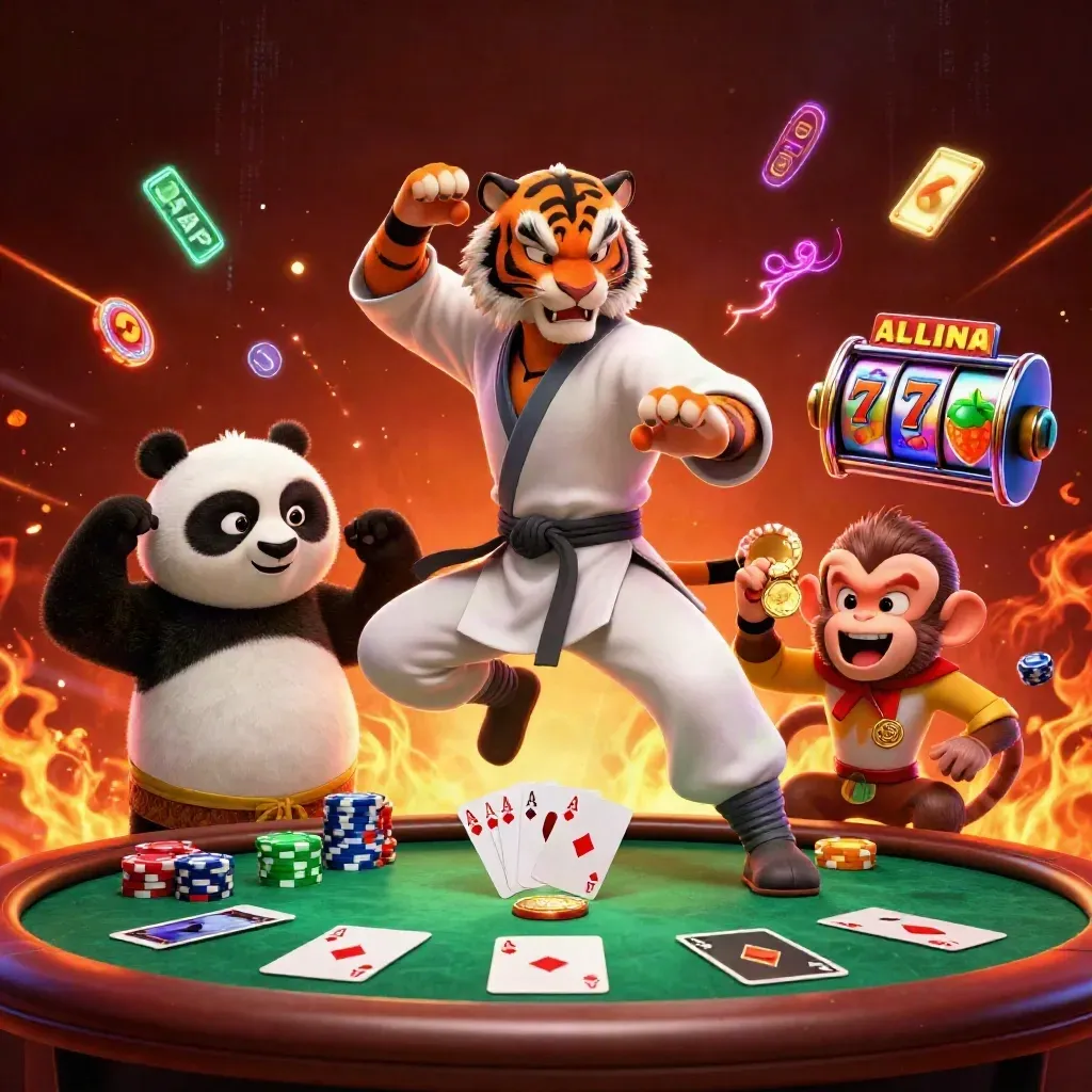Tiger, panda, and monkey kung-fu heroes amid casino cards, chips, and glowing slot reels.