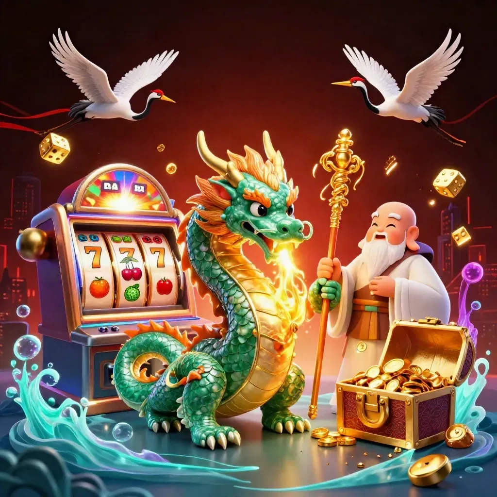 Emerald dragon, turtle sage, and cranes amid slot bursts, gold fire, and casino glow.