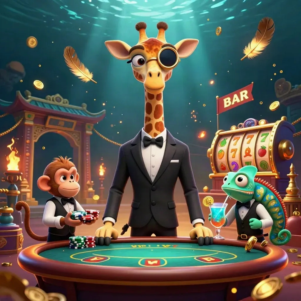 Giraffe high-roller, monkey valet, and chameleon bartender amid casino reels, coins, and glowing teal-gold light.